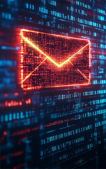 Vor einem dunklen Hintergrund mit Computerdaten leuchtet ein organgefarbenes Kuvert.